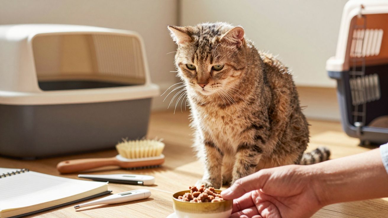 Gestreepte kat zit naast een kattenbak, borstel en boek, kijkt naar een hand die een voerbak aanbiedt.