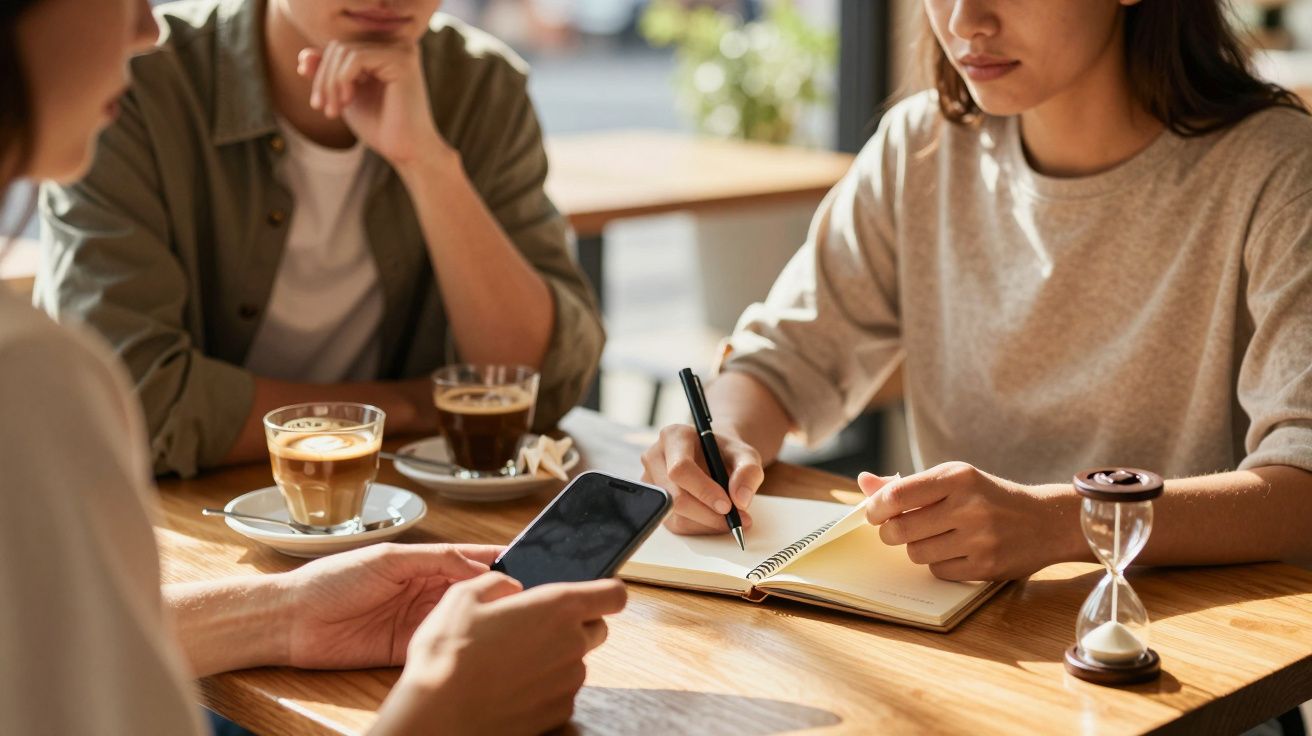 Drie personen aan een tafel, bezig met hun werk; een persoon schrijft in een notitieboek, een ander gebruikt een smartphone.