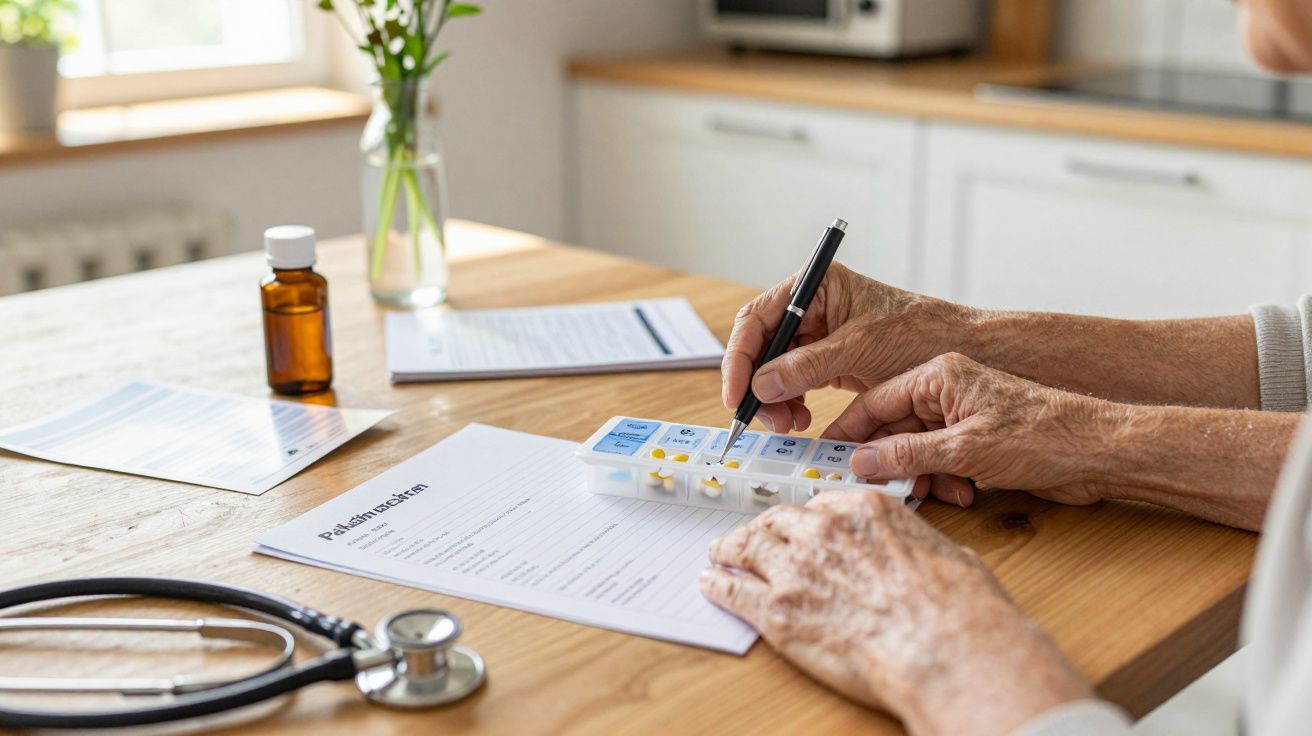 Oudere persoon vult een medicijndoosje in op een keukentafel met medicijnen, stethoscoop en recepten.