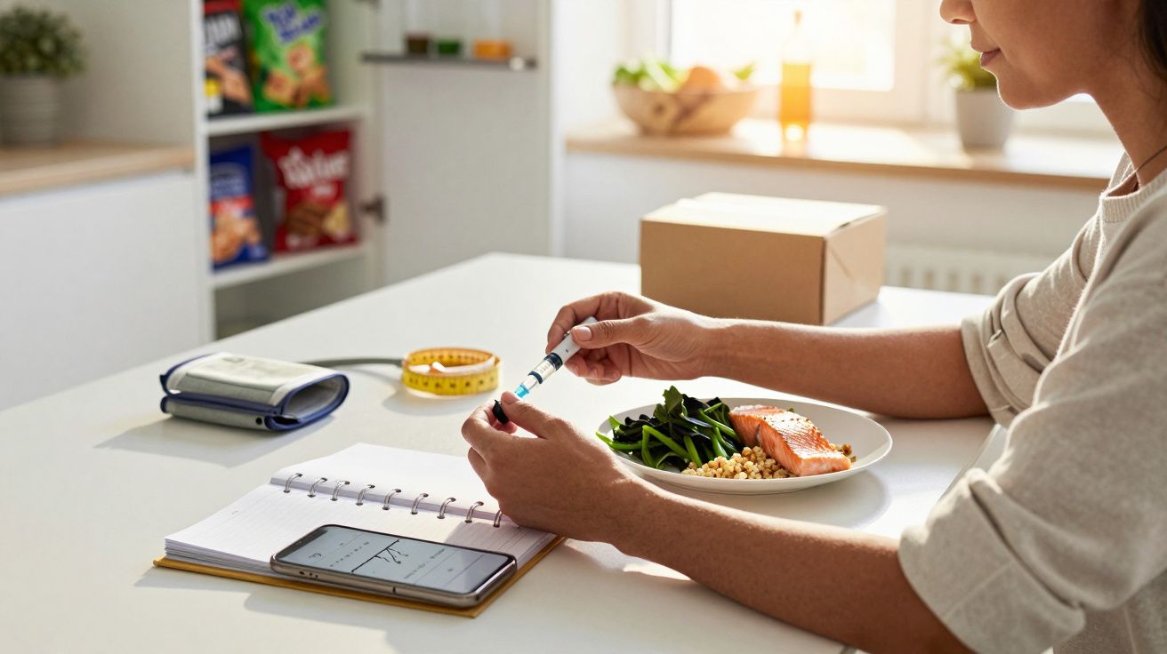 Persoon meet bloedsuiker met glucometer aan tafel met gezonde maaltijd, notitieboekje en smartphone.