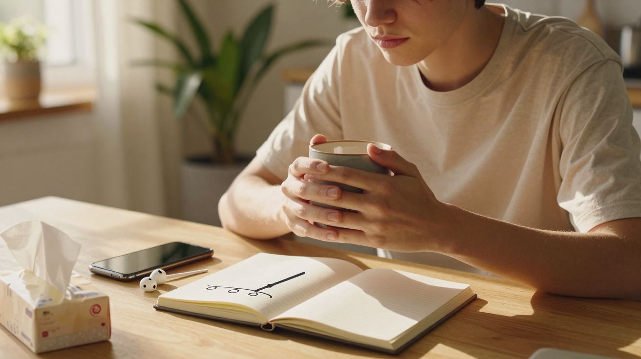 Persoon met kopje koffie naast notitieboek, telefoon en tissues op tafel bij zacht licht.