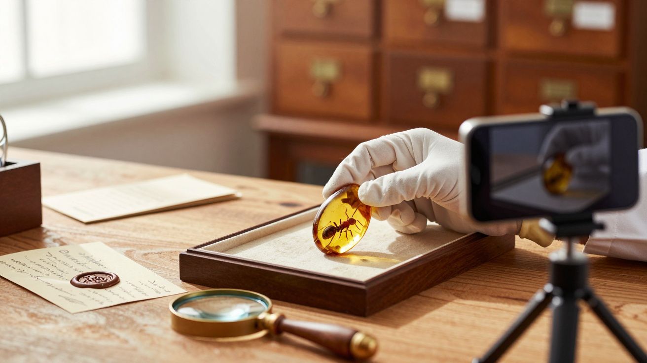 Hand met handschoen houdt een stuk barnsteen met insect vast, vergrootglas en smartphone op tafel, houten ladenkast op achter