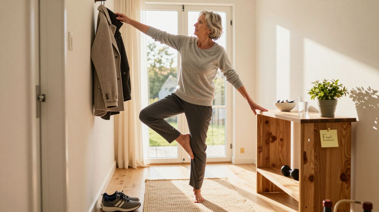 Vrouw in casual kleding doet yogapose in lichte hal, strekkend naar jas aan kapstok, met schoenen en plant op kast.