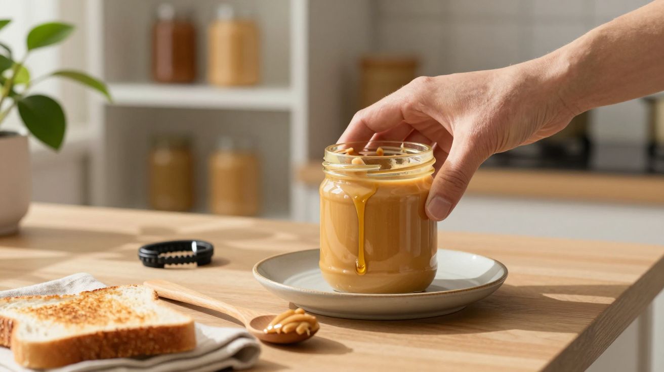 Hand pakt glazen pot met pindakaas, op een bord. Ernaast een boterham en lepel op een houten aanrecht.