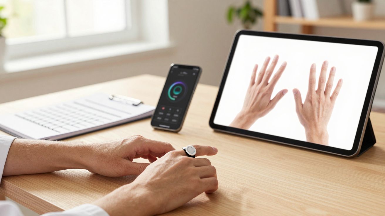 Persoon met smartwatch bij bureau, kijkend naar tablet met afbeelding van handen. Smartphone en toetsenbord op achtergrond.