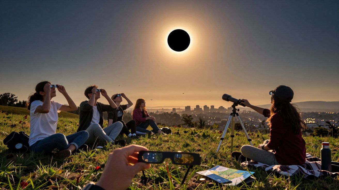 Mensen kijken naar een zonsverduistering op een heuvel, met telescopen en speciale brillen, tegen een stadssilhouet.