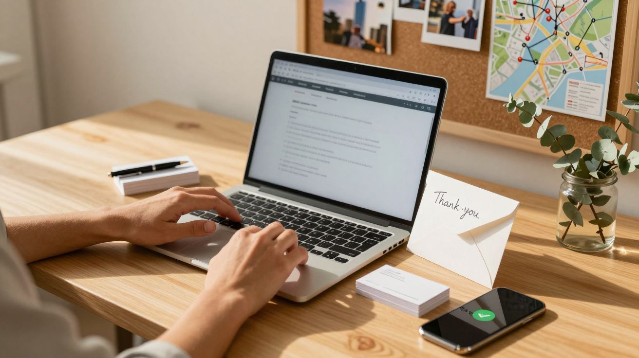 Persoon typt op laptop, bureau met telefoon en notities, briefje met "Thank you", fotocollage en planten op achtergrond.
