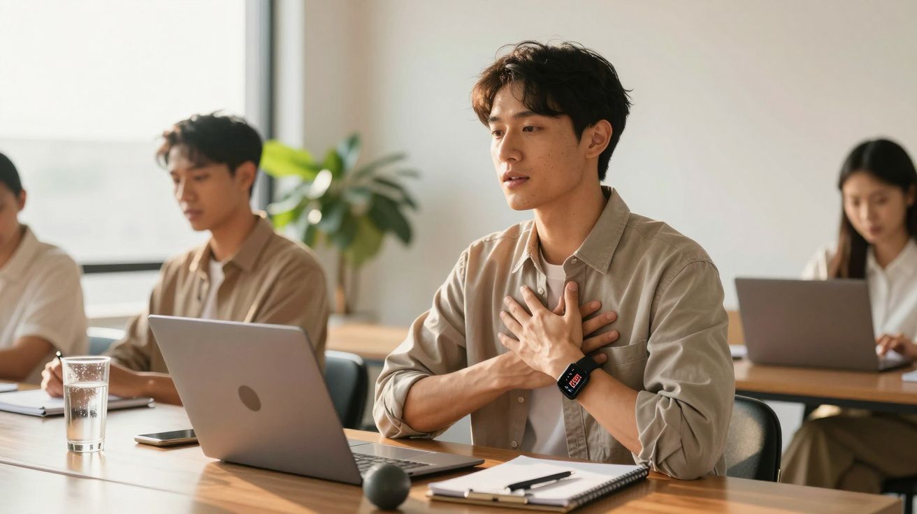 Man in vergadering houdt handen op borst met laptop, notitieboekjes en glazen water op tafel. Anderen werken op laptops.