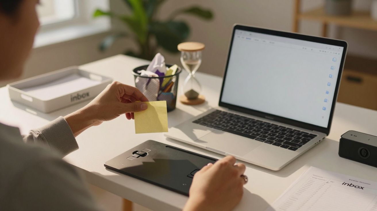 Persoon met notitieblok en laptop aan bureau, houdt een Post-it vast. Schrijfgerei en eierwekker op de achtergrond.