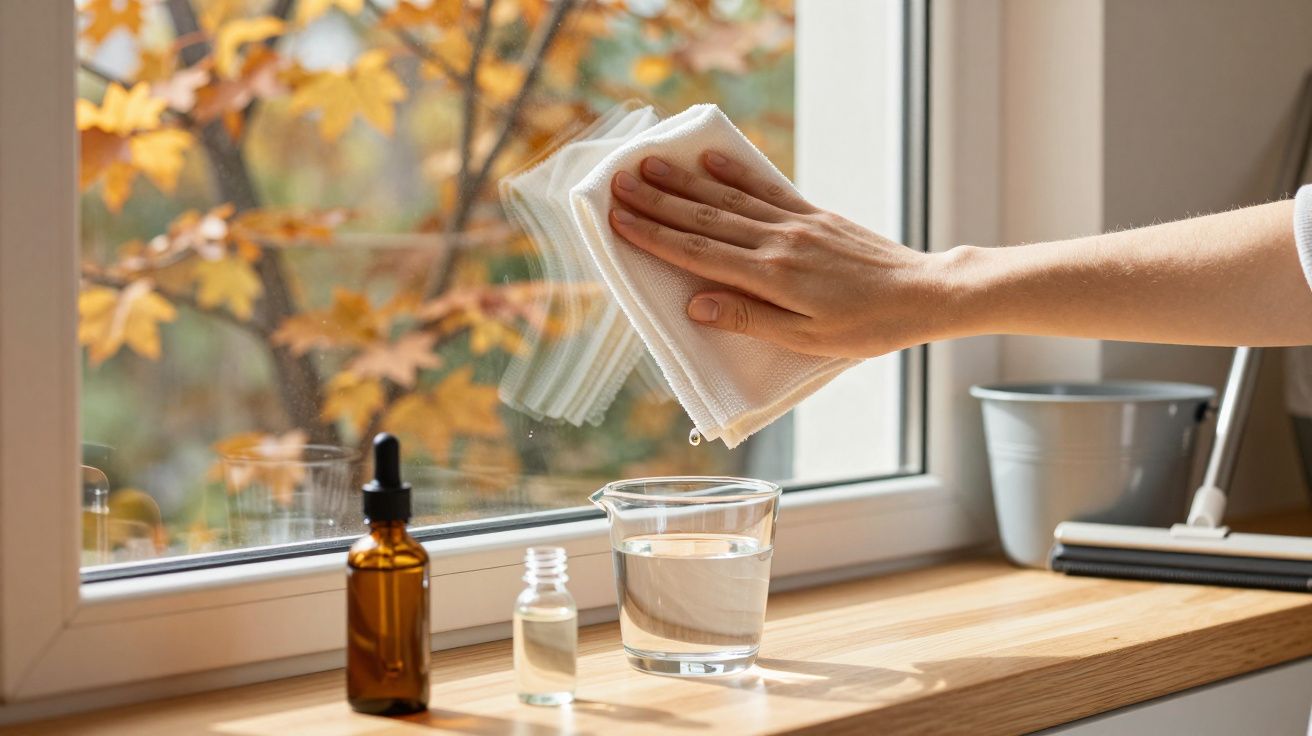 Hand poetst raam met witte doek, herfstbladeren buiten, glazen en flesjes op vensterbank.