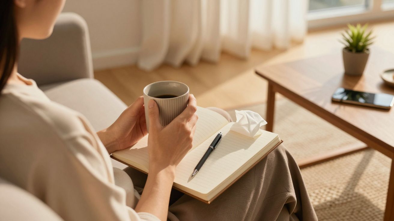 Persoon op bank met notitieboek, pen en kopje koffie; smartphone en plant op houten tafel bij raam.