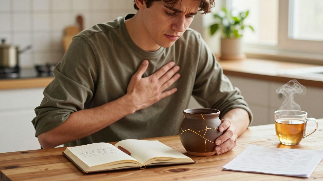 Man met groene trui houdt zijn borst vast, zit aan tafel met gebroken vaas, dampende thee en open notitieboek.