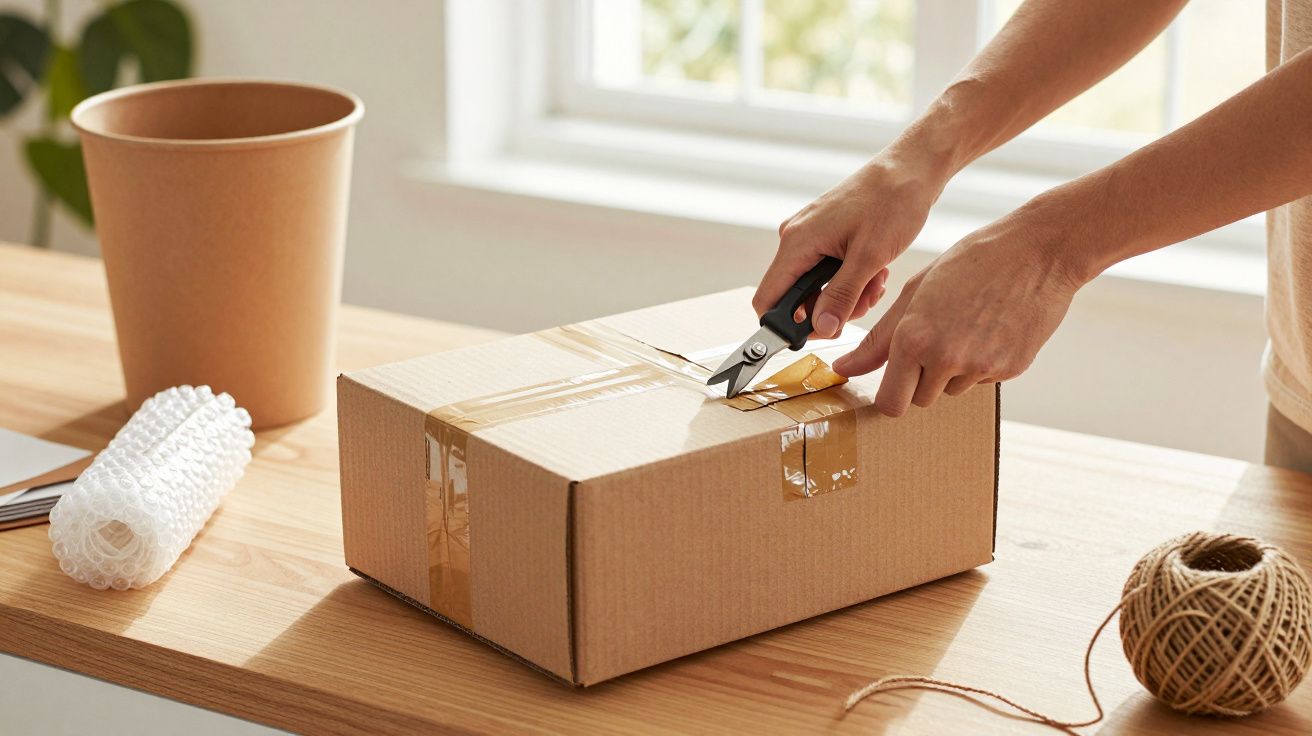 Hand snijdt kartonnen doos open met een mes op houten tafel, met touw en noppenfolie.