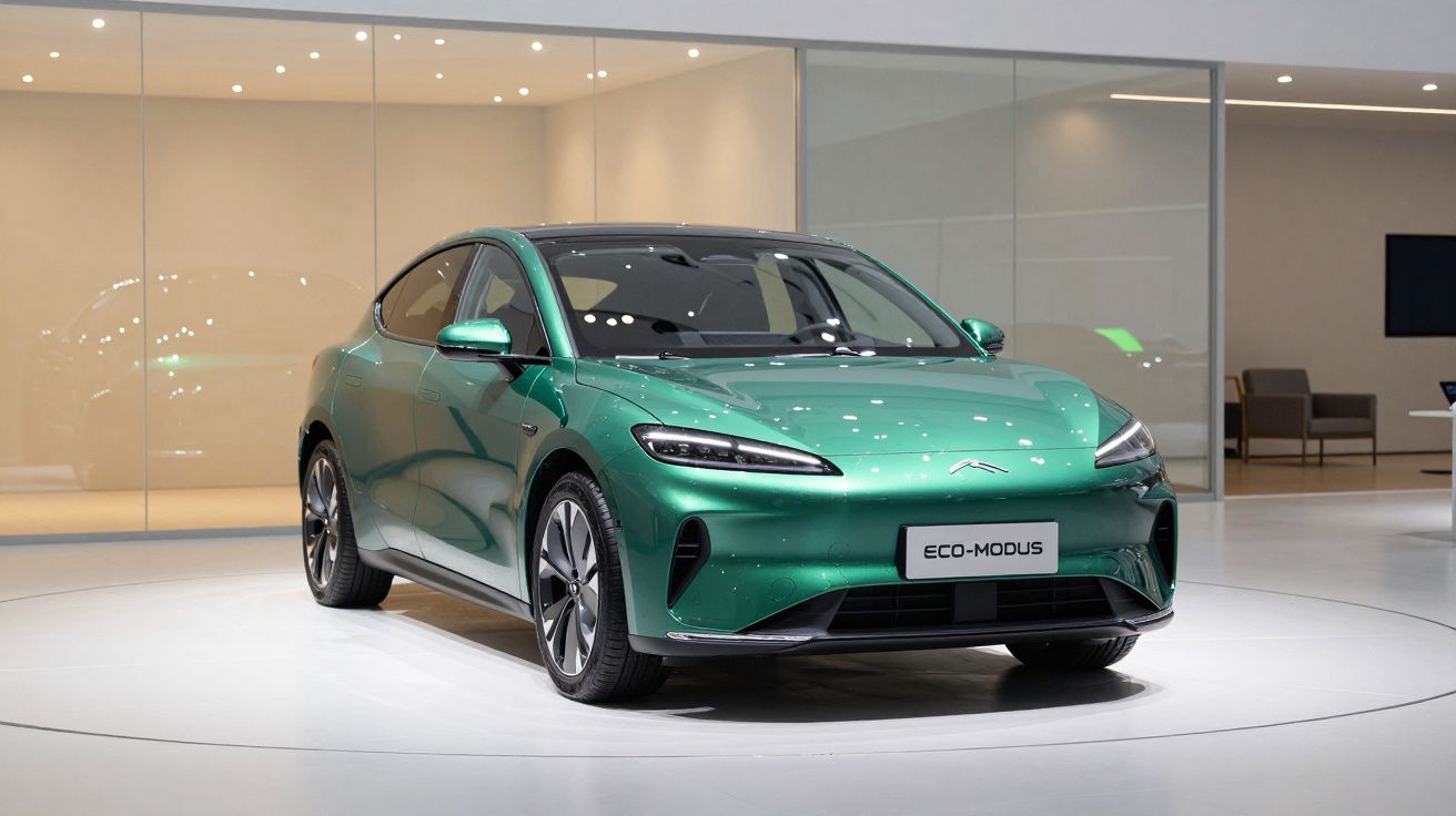 Groene elektrische auto tentoongesteld in een moderne showroom met glazen wanden en heldere verlichting.