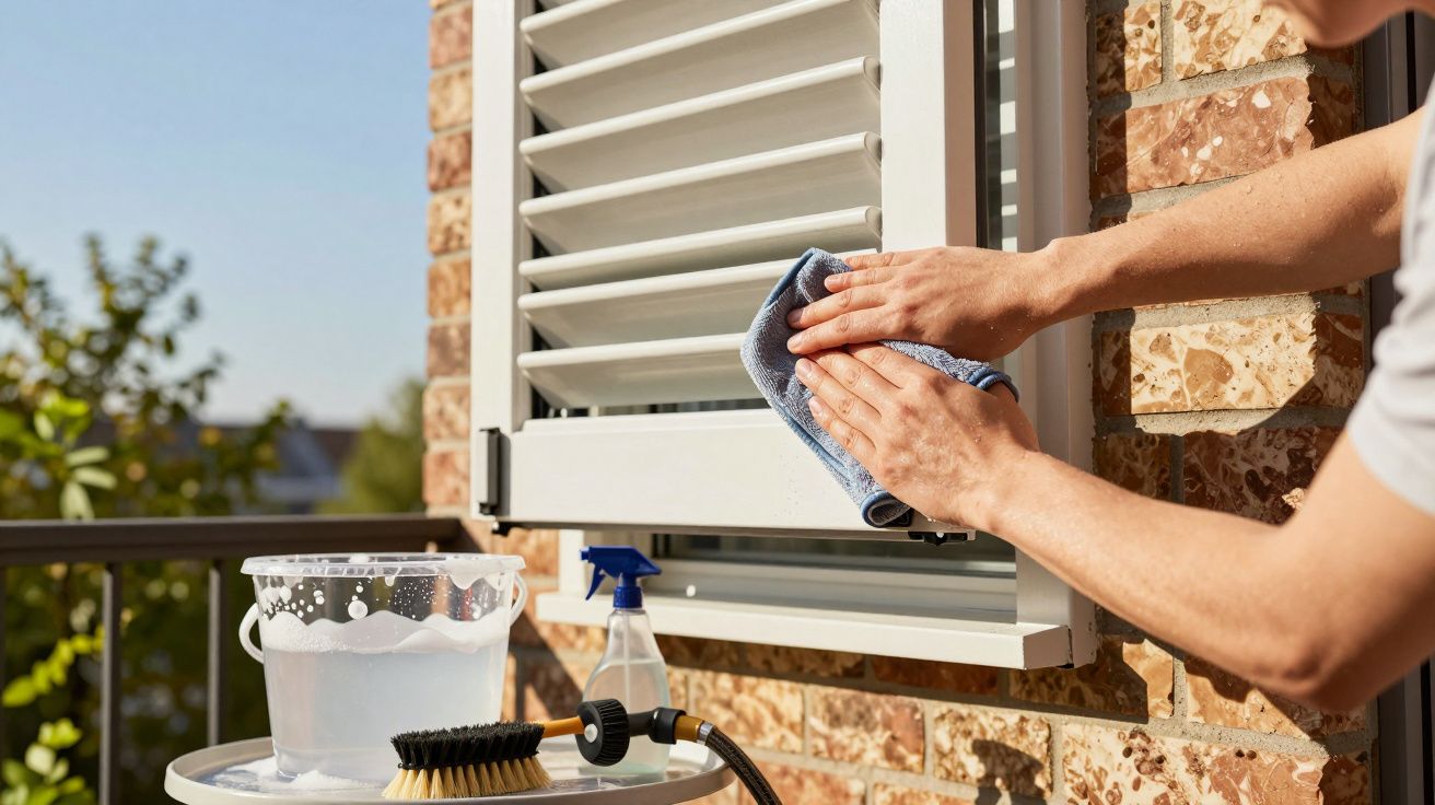 Persoon veegt jaloezieën schoon op een balkon met een blauwe doek, naast een emmer sop en een borstel.