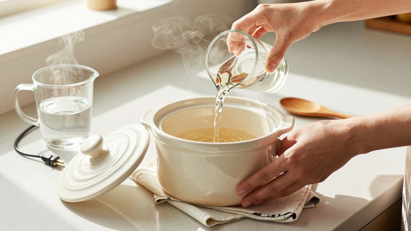Hand giet water in een witte pan op het aanrecht, met stoom en een houten lepel op de achtergrond.