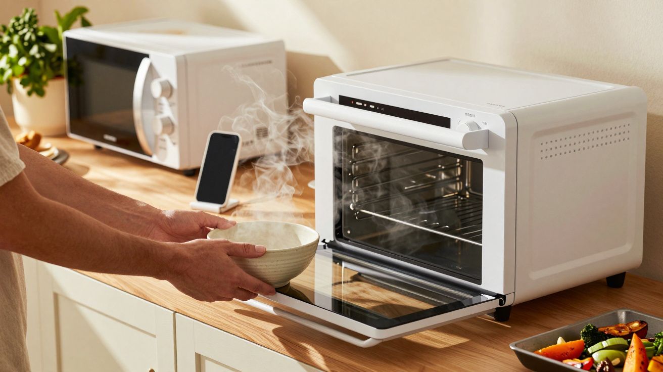 Persoon haalt een hete kom uit een open elektrische oven in een keuken met een smartphone op het aanrecht.