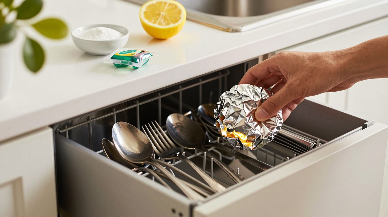 Hand plaatst aluminiumfoliebal in vaatwasser met bestek.