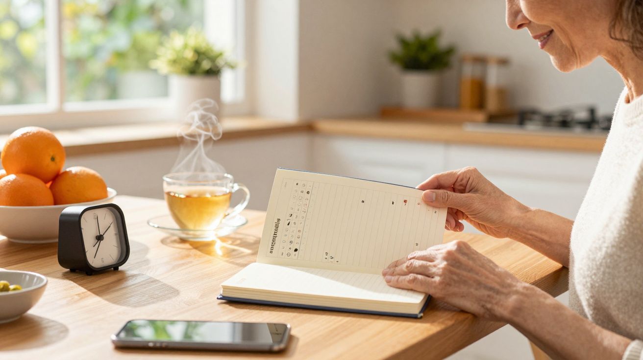Vrouw leest notitieboekje aan tafel met kop thee, wekker, sinaasappels en smartphone.
