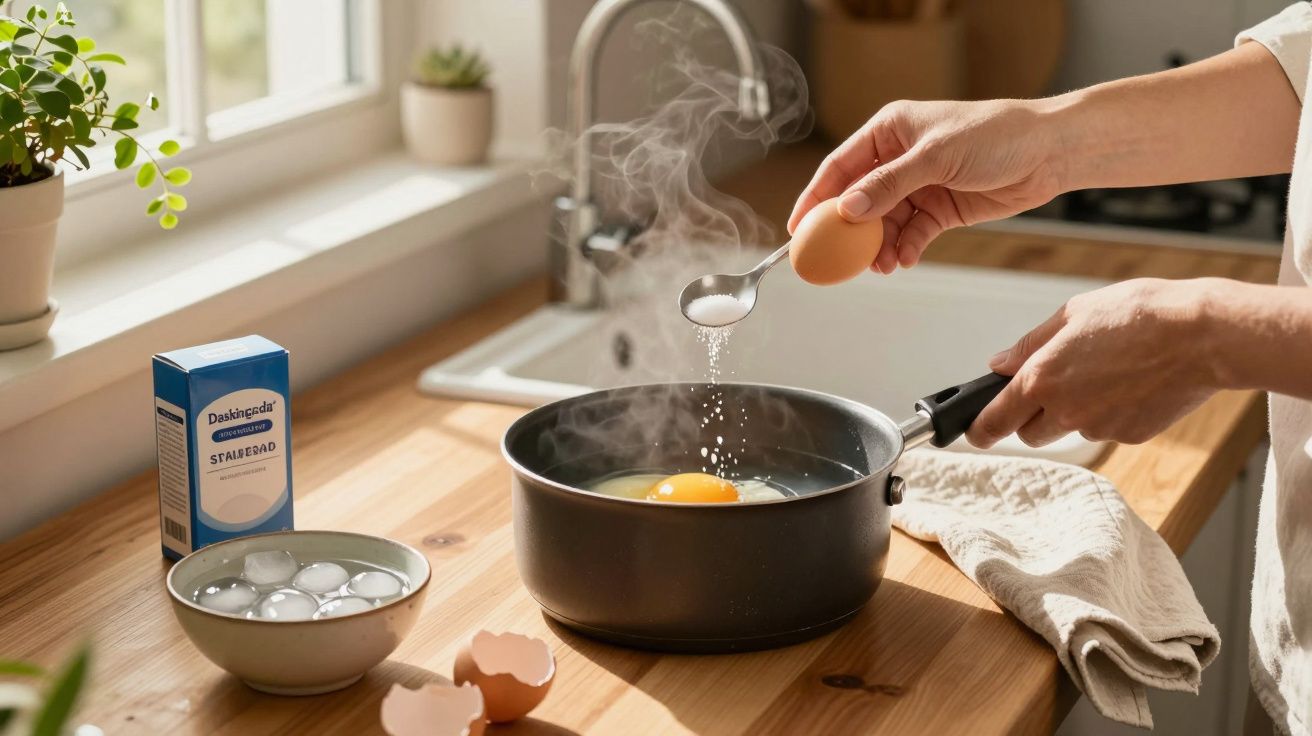 Hand strooit zout in pan met kokend ei op houten aanrecht, naast doos baking soda en kom met ijs.