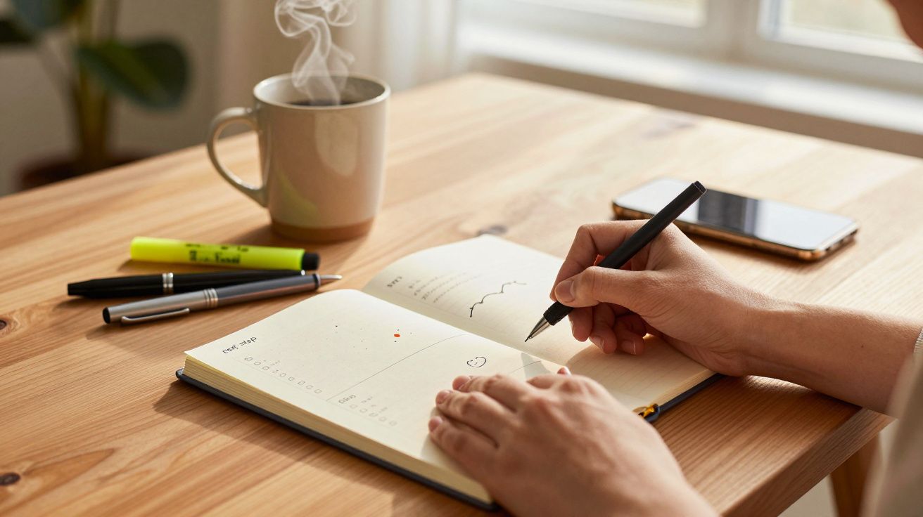 Hand schrijft in een planner op houten bureau met pennen en koffiemok, smartphone en markeerstift dichtbij.