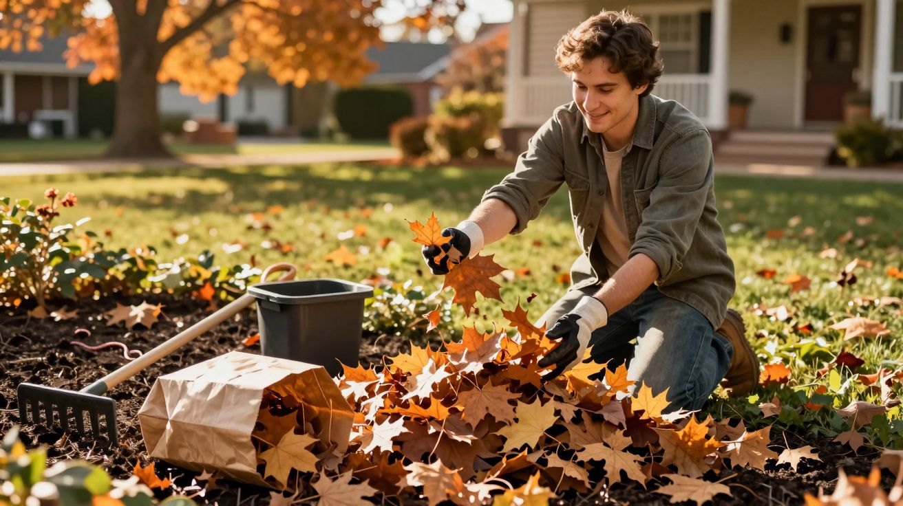 Man harkt herfstbladeren in de tuin op een zonnige dag, met gereedschap en papieren zakken naast zich.