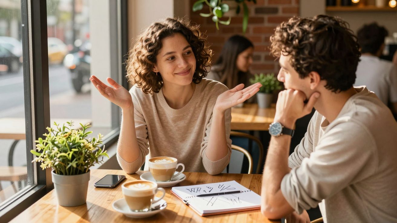 Twee mensen praten in een café aan een houten tafel met koffie en een notitieboek.