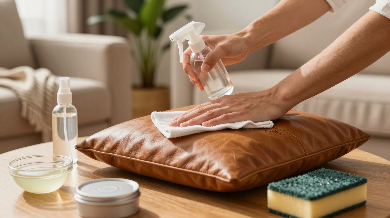 Handen reinigen bruine leren kussen met spray en doek op houten tafel, omringd door schoonmaakbenodigdheden in lichte kamer.