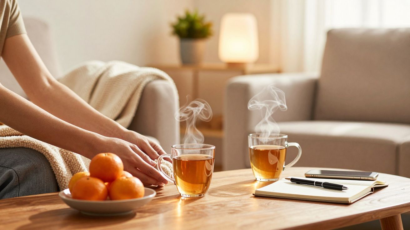 Persoon reikt naar kopje thee op houten tafel met mandarijnen en notitieboek. Warme sfeer in woonkamer.