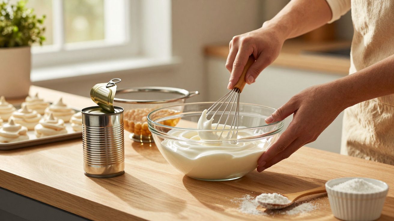 Persoon klopt mengsel in een glazen kom in de keuken, naast geopend blik en andere bakbenodigdheden.