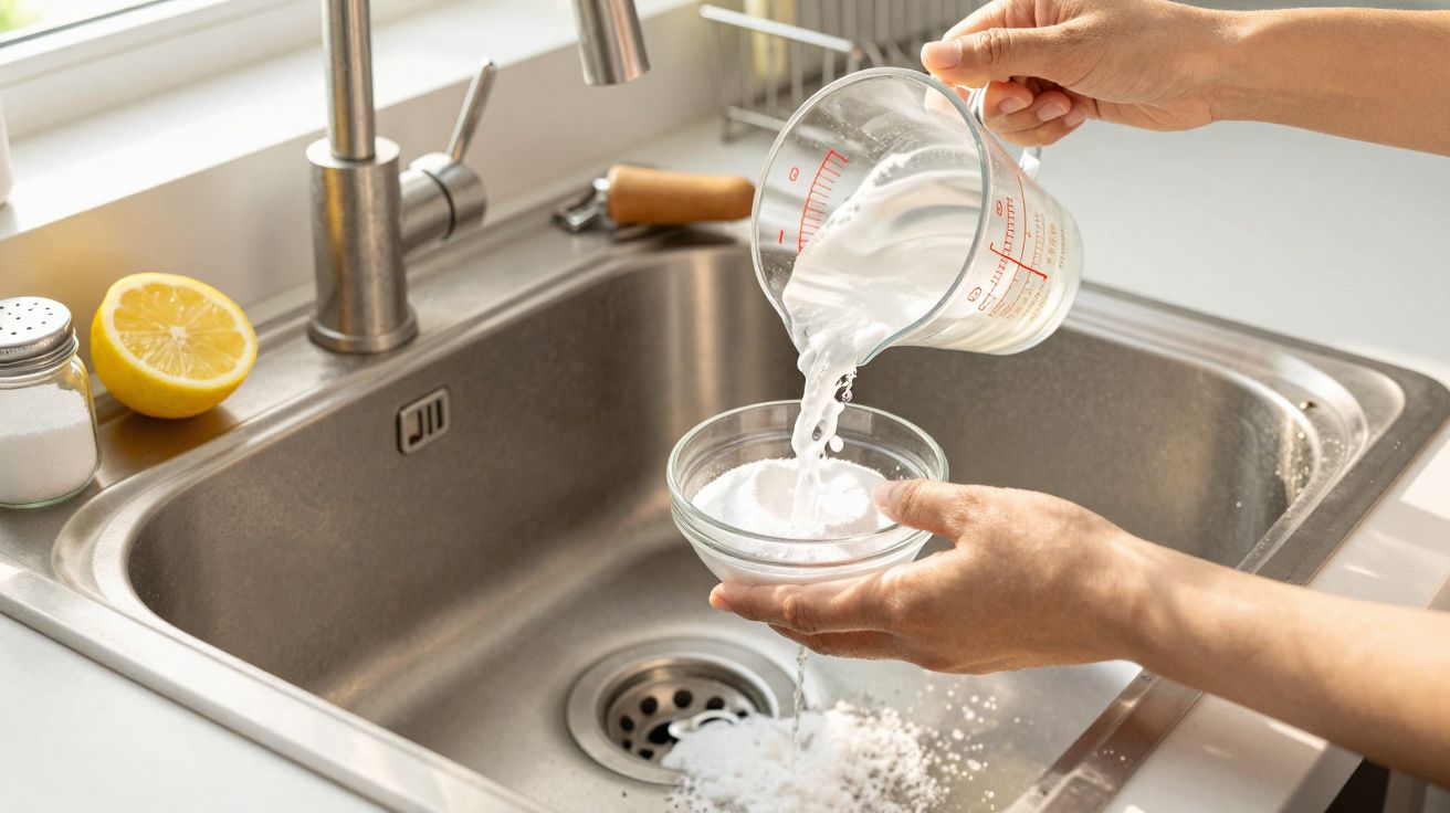 Handen gieten vloeistof in kom boven gootsteen met halve citroen op aanrecht.