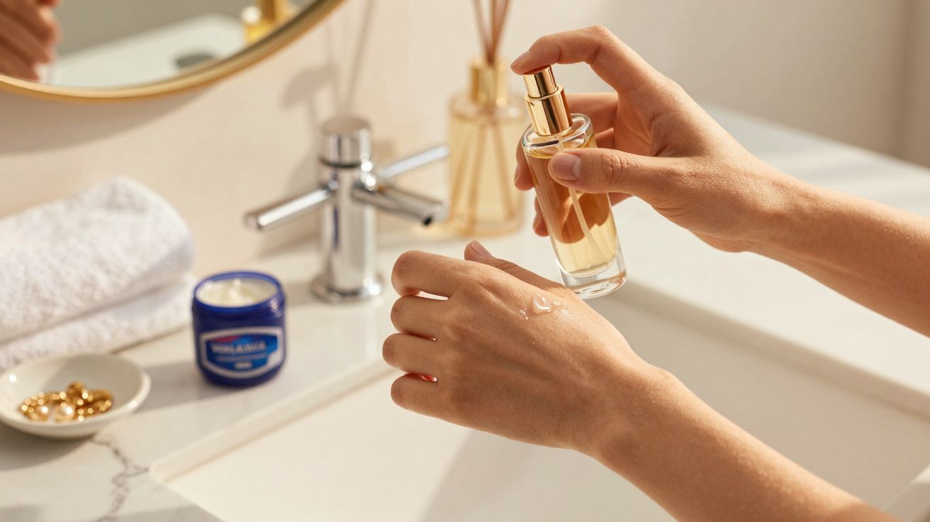 Handen met geurige olieflacon bij wastafel, naast handdoek, crème en capsules.