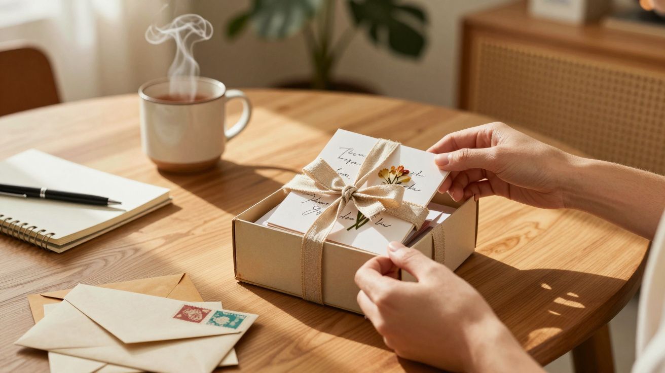 Handen openen een geschenkdoos op een houten tafel, met een kop thee, notitieboekje en enveloppen met postzegels.