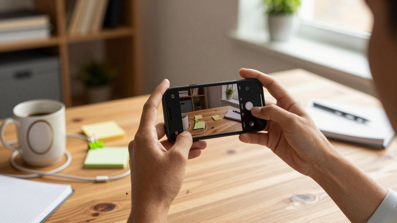 Persoon die met een smartphone een foto maakt van een bureau met notitieblokken en een koffiemok.