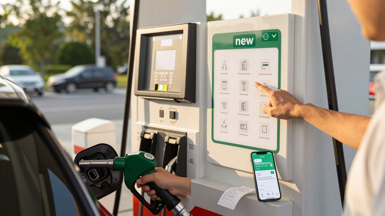 Persoon tankt auto met groene pomp, bedient touchscreen op tankstation, smartphone op houder toont app.