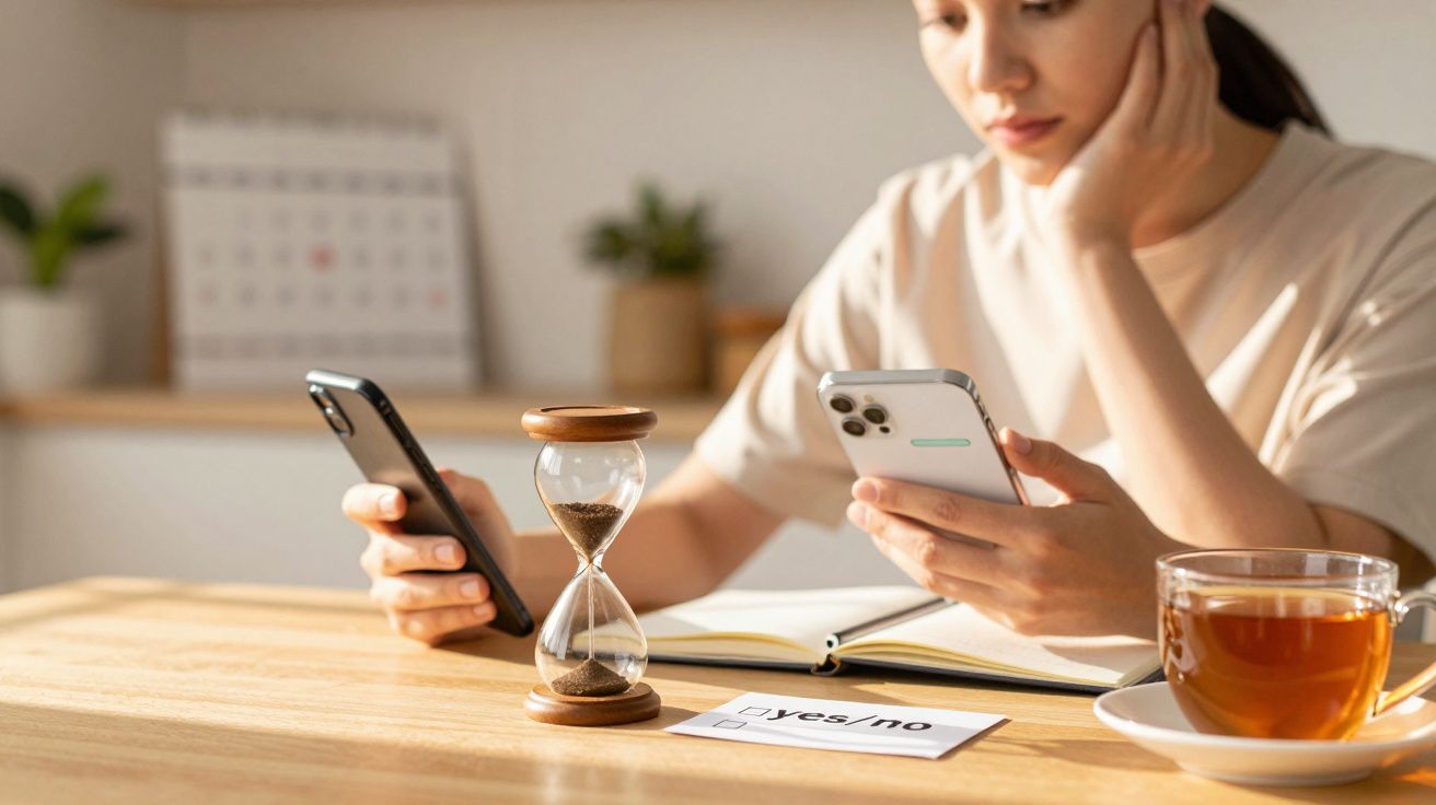 Vrouw aan tafel met twee smartphones, een zandloper, notitieboek en theekopje. Ze lijkt nadenkend en in dubio.