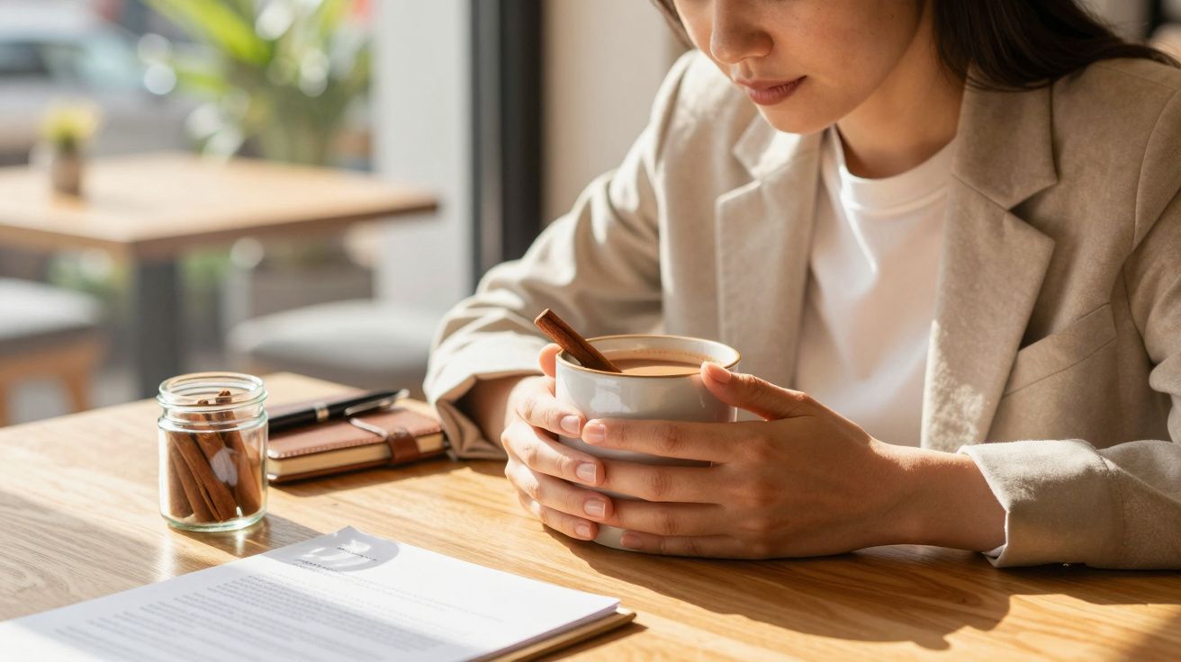Vrouw drinkt koffie met kaneelstokje in een café, terwijl ze documenten leest op een houten tafel.