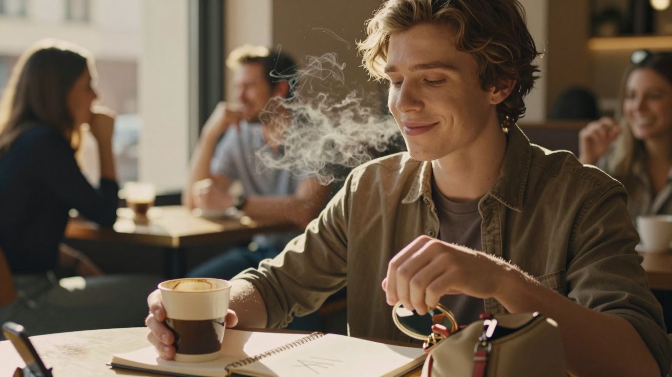 Jongeman geniet van koffie en schrijft in een notitieboekje, omringd door rokerige damp en andere koffiedrinkers.