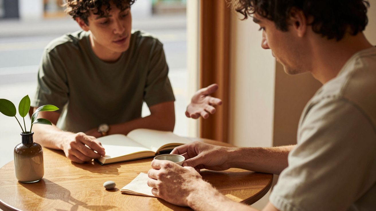 Twee mensen aan een tafel in gesprek. Ze hebben een notitieboek en een kopje, met een plant in een vaas op de tafel.