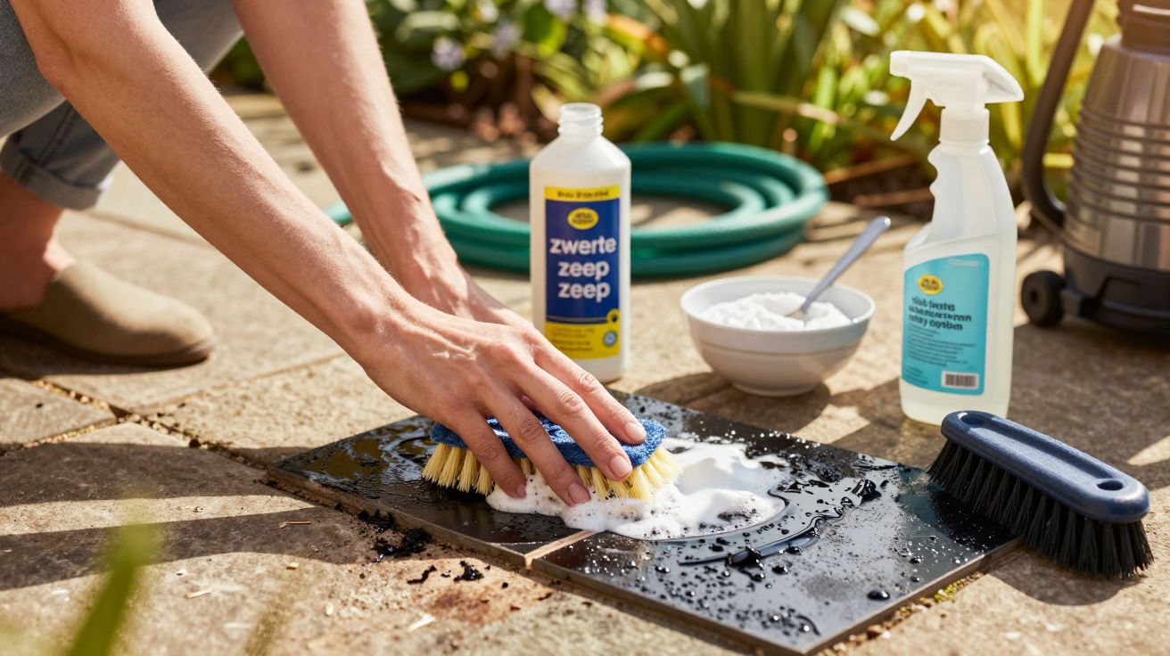 Persoon schrobt zwarte tegel met borstel, zwarte zeep en schoonmaakmiddelen op zonnig terras.