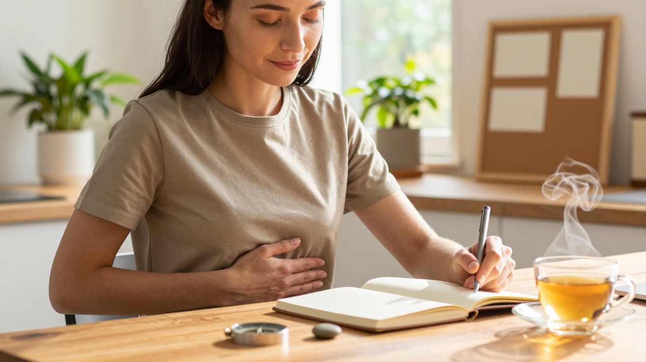 Vrouw schrijft in notitieboek aan tafel met kop thee en planten op achtergrond.