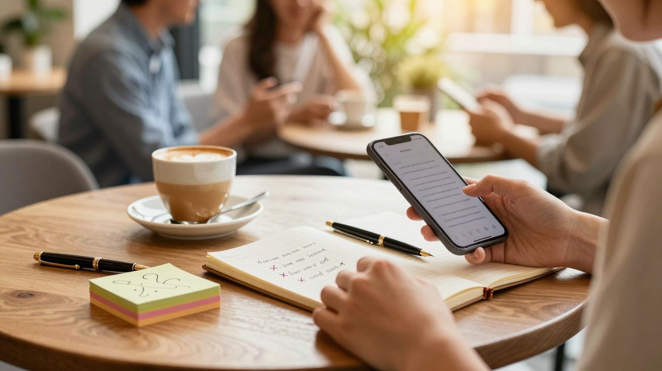 Persoon schrijft notities in een café, met smartphone en koffie op tafel, andere mensen op de achtergrond.