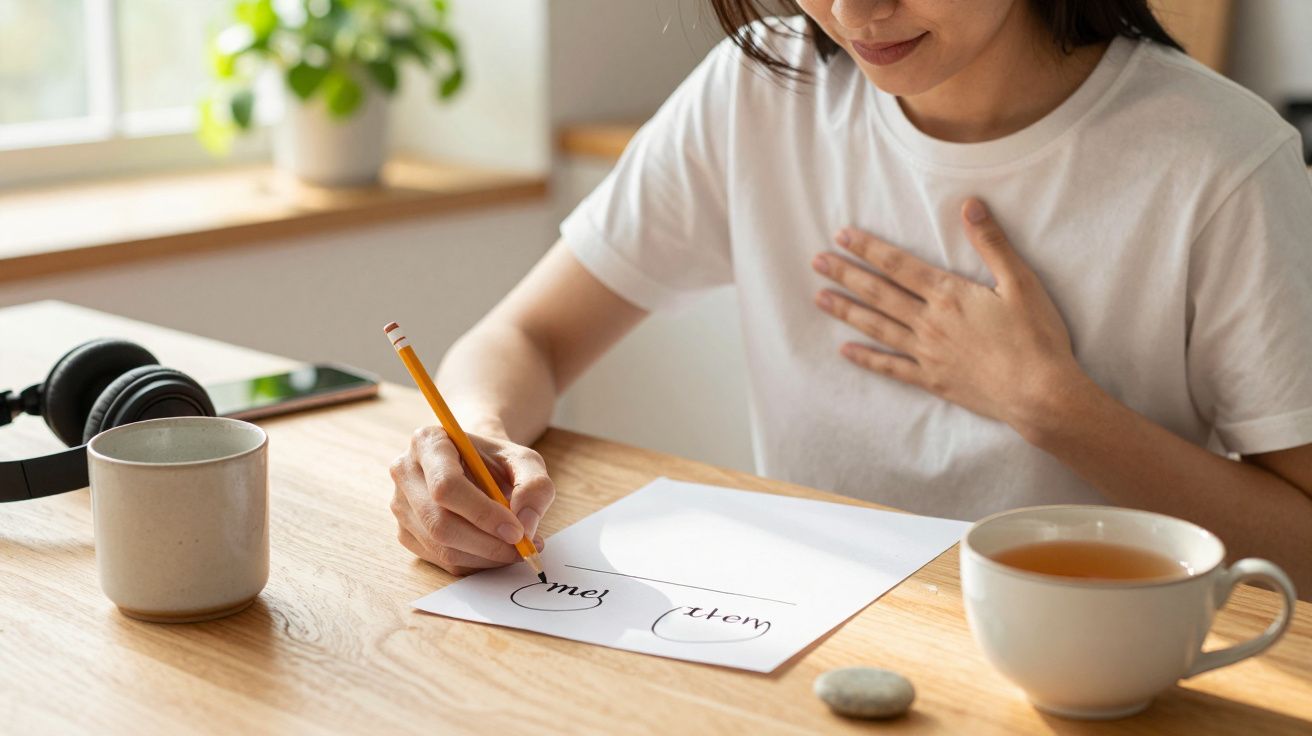 Persoon schrijft met potlood op papier aan houten tafel met kop thee, koptelefoon in de buurt en raam met planten op achtergr