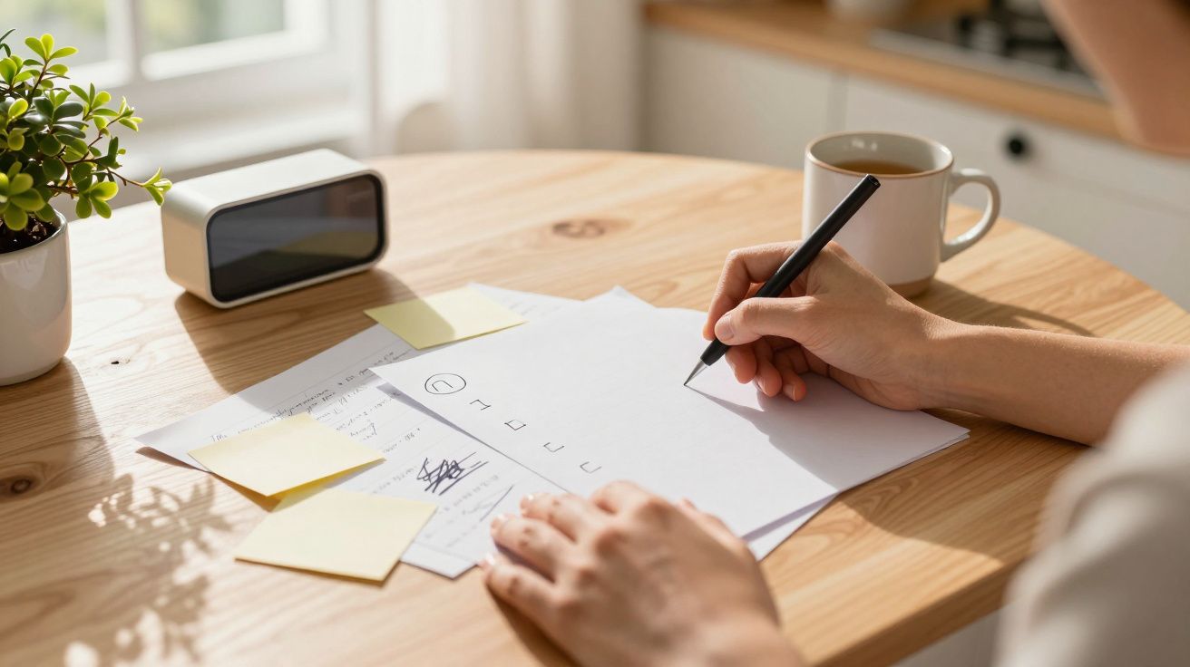 Persoon schrijft op papier met pen aan houten tafel, omringd door notities, plantje en mok.