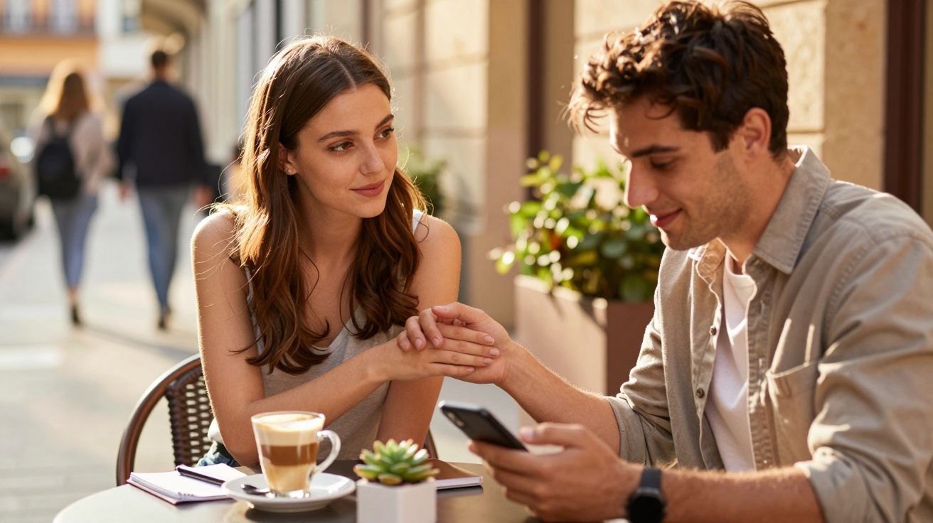 Twee mensen zitten buiten aan een tafel, glimlachend naar een telefoon, met koffie en een notitieboekje voor hen.
