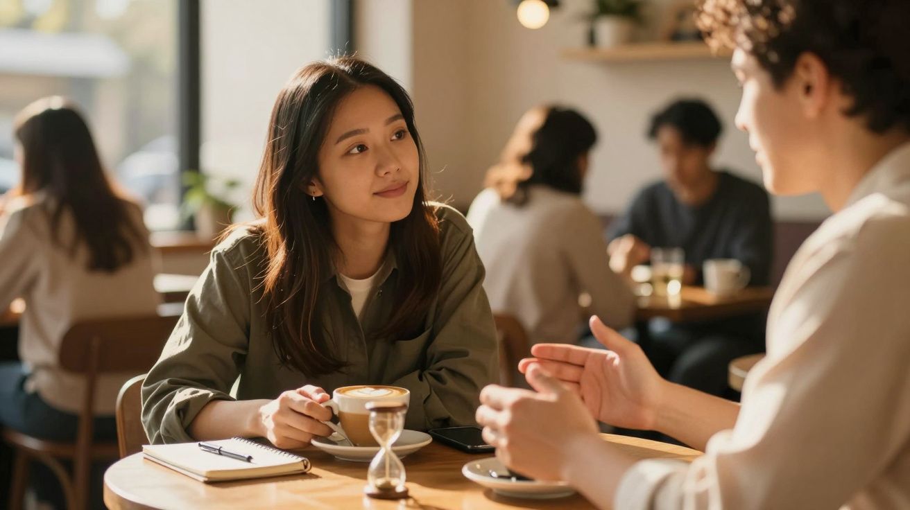 Koppel zit in een café en voert een gesprek met koffie en notitieboekje. Zandloper op tafel.