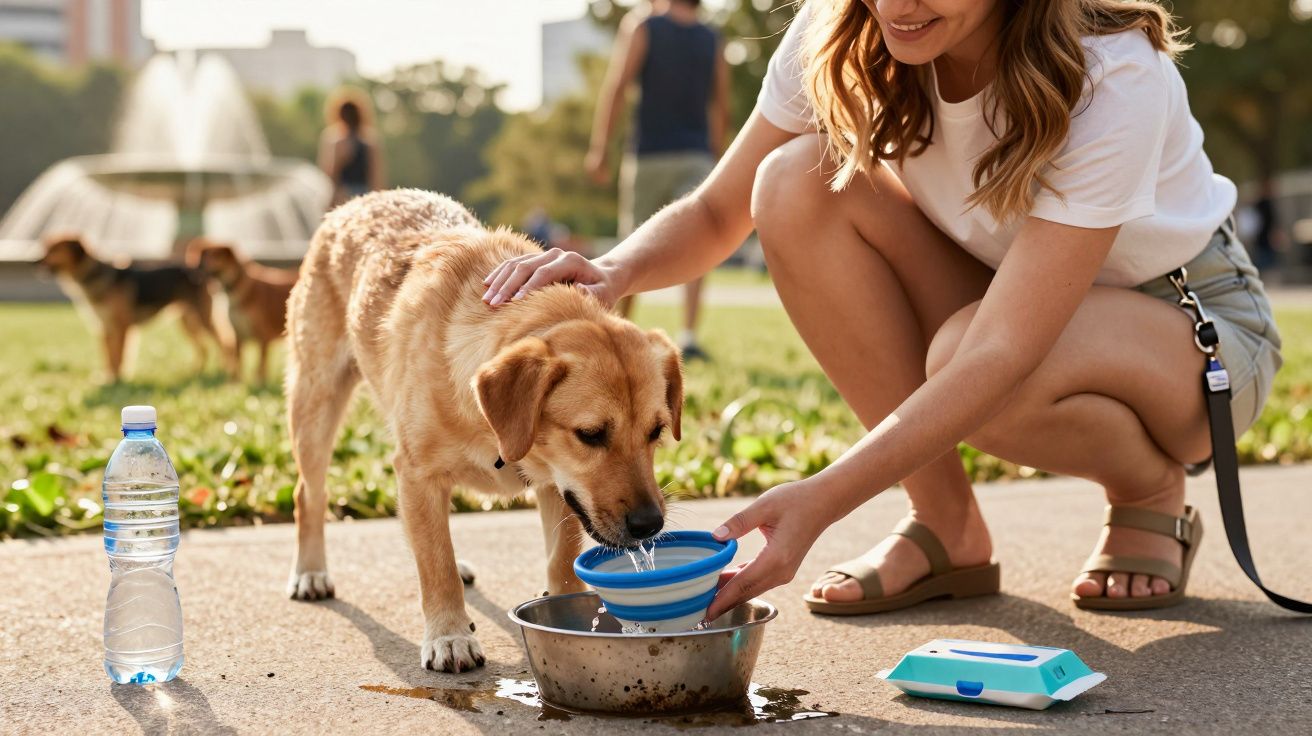 Vrouw geeft hond water uit blauwe kom in park, fontein op achtergrond.