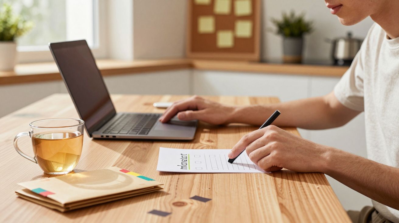 Persoon schrijft op een notitieblok aan een houten tafel met een laptop en een glas thee.
