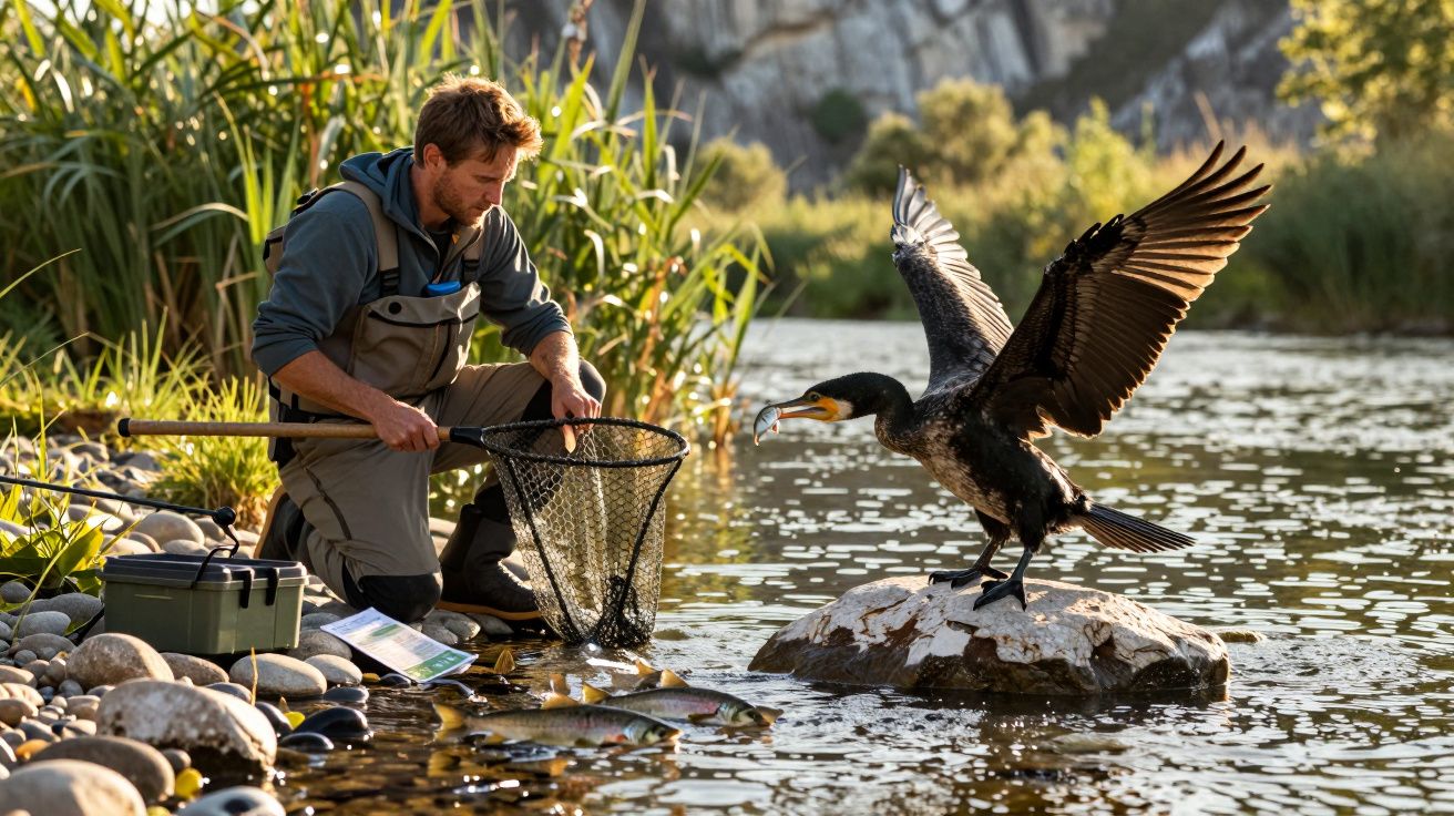 Man aan rivier met visnet en meeuw op rots, omringd door groen en water, vangt vissen op zonnige dag.