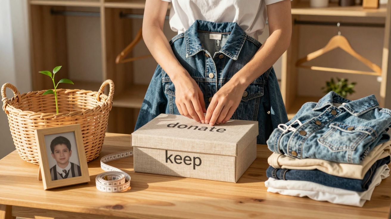 Persoon sorteert kleding in dozen met labels "doneren" en "bewaren" op een houten tafel met mand en foto.